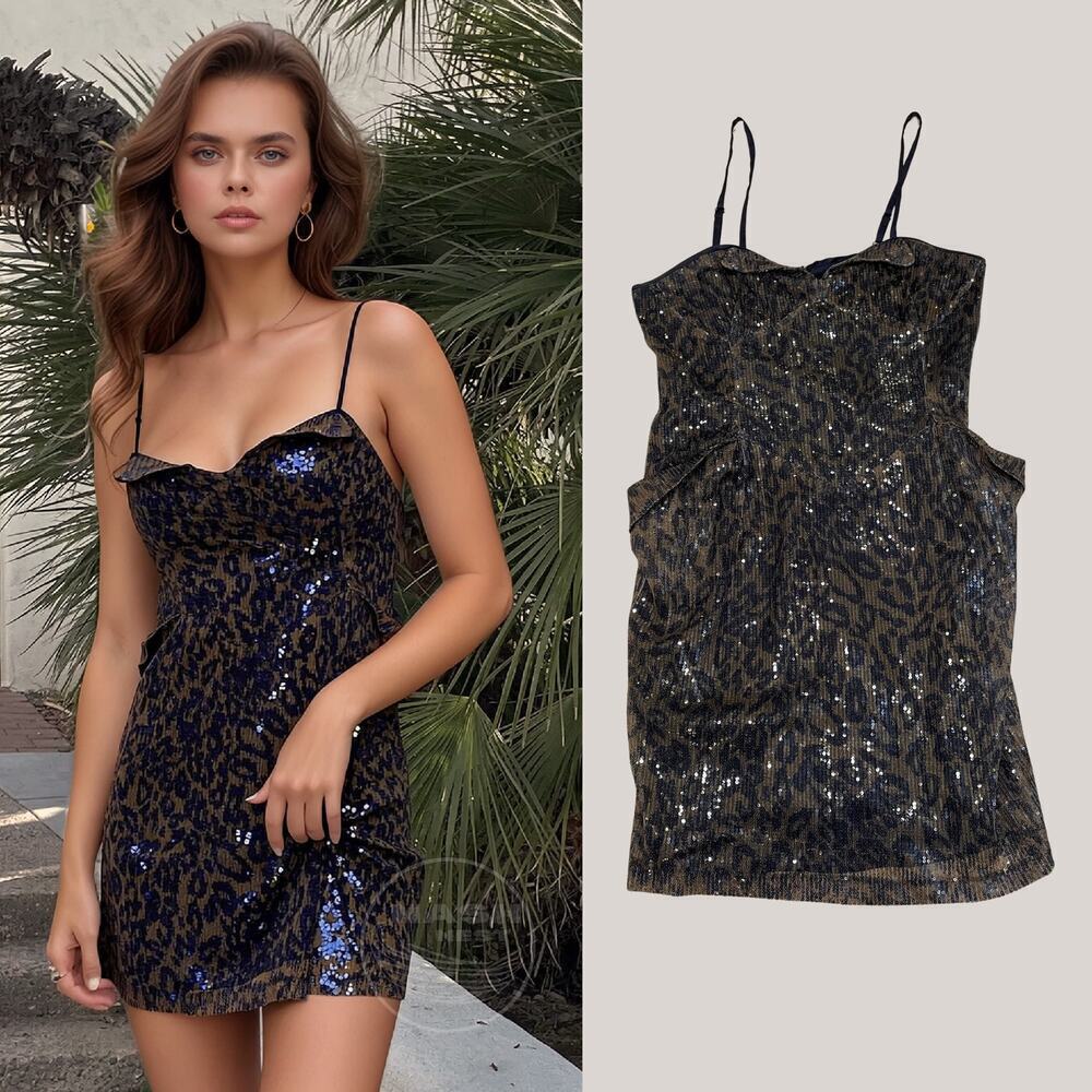 TOV Holy G Sequin Mini Dress | XS | Animal Print | Adjustable Straps